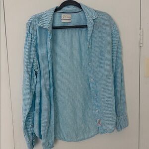 J. Crew Light Blue and White Striped Linen Button-Down Shirt